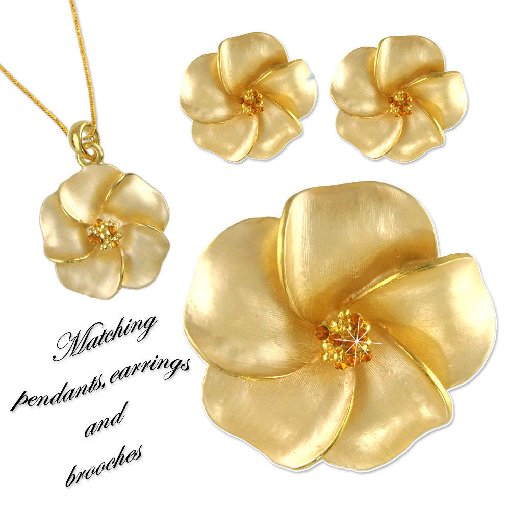 GB2479 | Gold Plated Austrian Crystal Hibiscus Floral Flower Brooch, Earrings, or Pendant